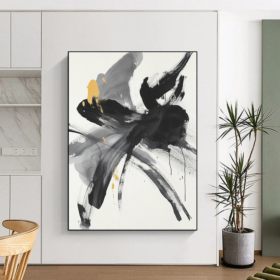 Black, Gray, Yellow and White Abstract Flower "Gilded Bloom" Painting On Canvas HB314