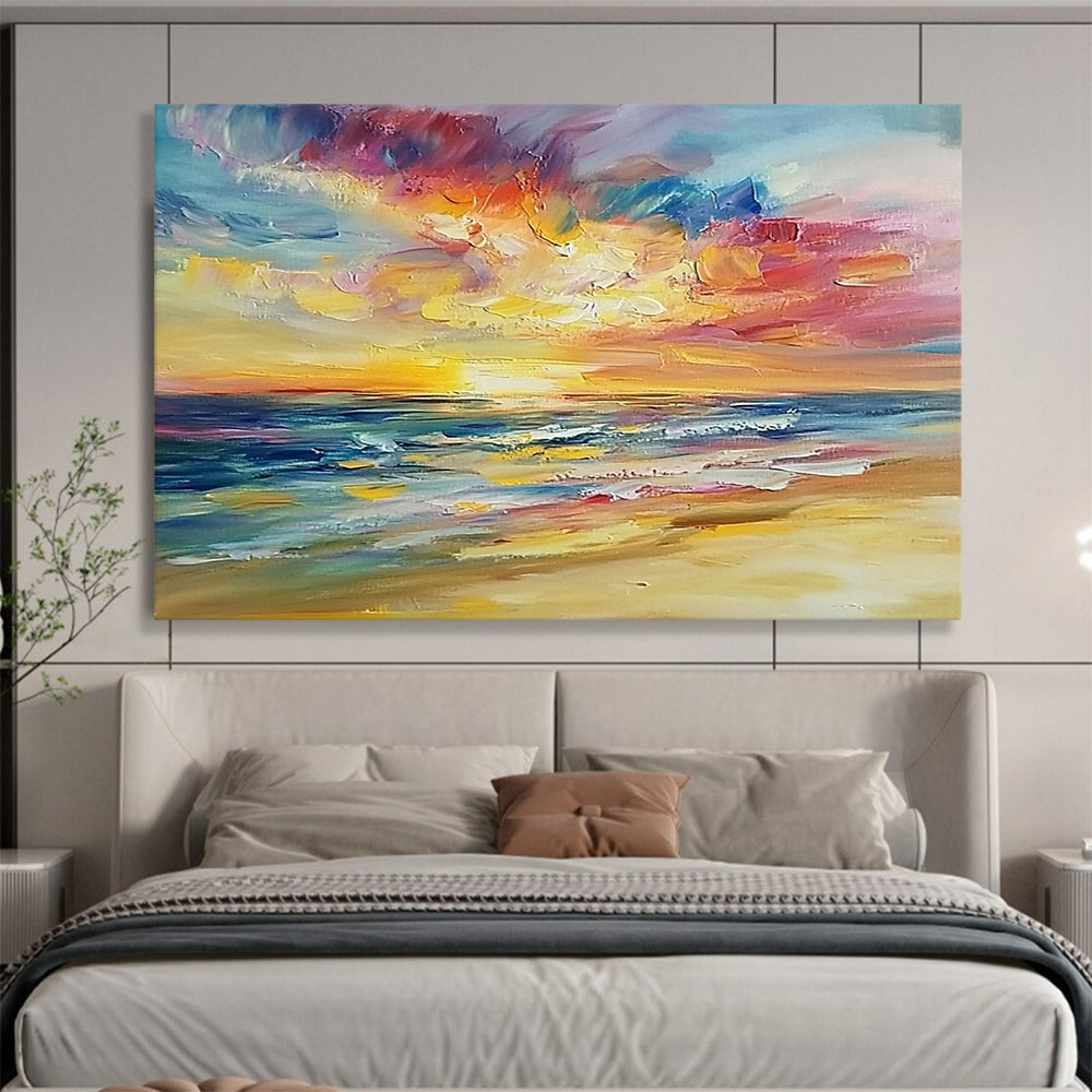 “Vibrant Sunset Sea” - Bold Orange, Pink, Purple, Blue, Impressionistic Sunset Beach Painting On Canvas HB0981