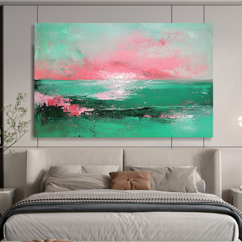 “Pastel Sea Sunset” - Mint, pink, sea scene, Abstract Landscape Painting On Canvas HB0560