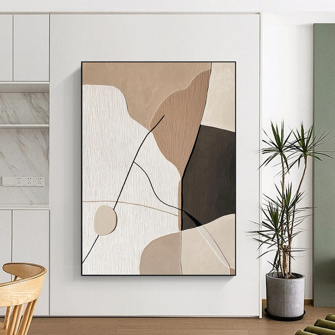 Contemporary abstract artwork featuring minimalist Japandi design with string and paper shapes on a beige background, accented with black and thick lines. DLZ1620