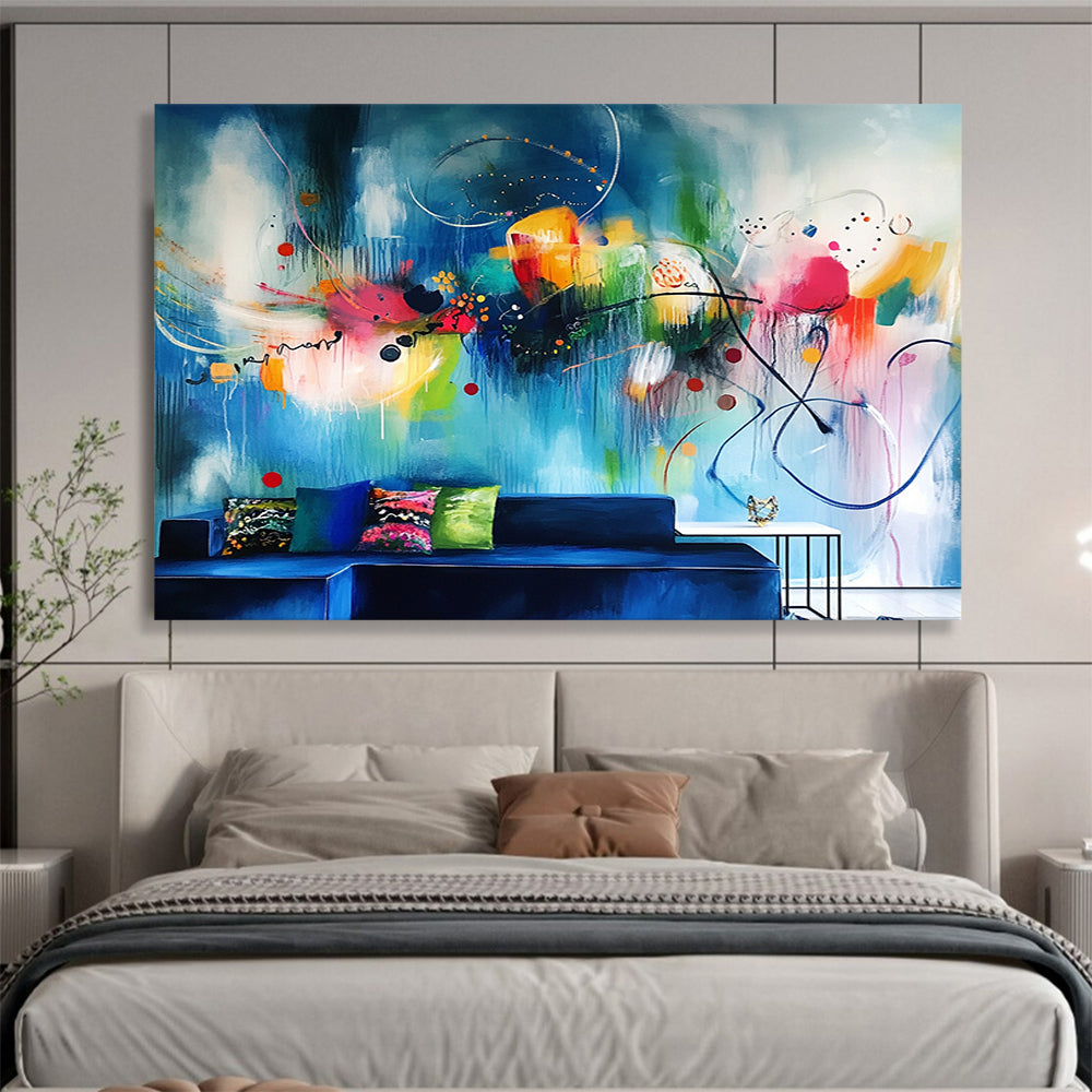 “Vibrant Abstract Wall Mural - Inspired Living Room Art” - Blue, Colorful, Abstract Large - scale Painting On Canvas HB1091