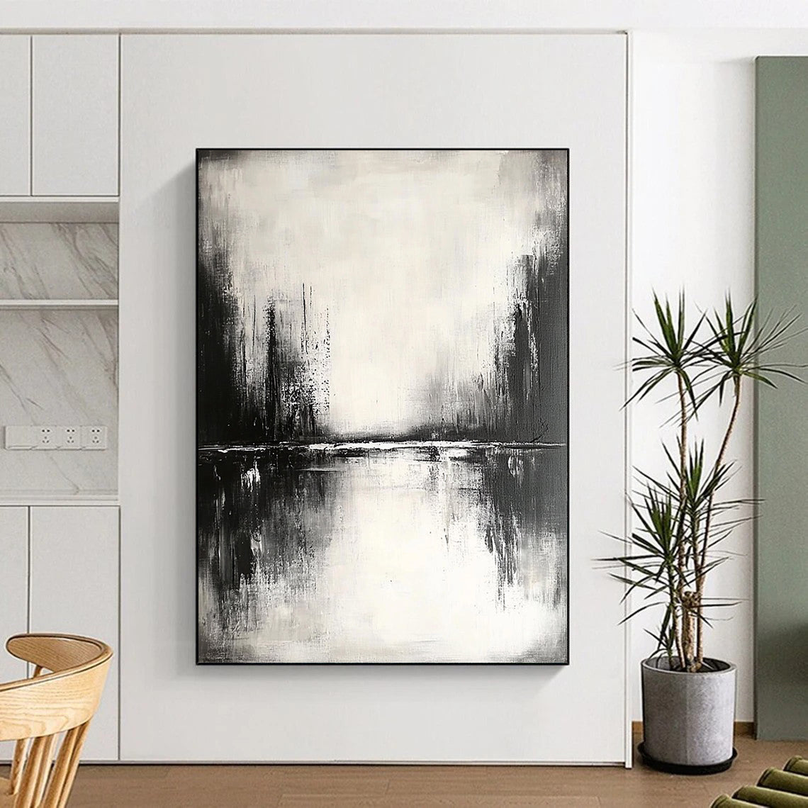 Contemporary abstract painting featuring tranquil reflections on water with muted tones and soft edges creating a serene atmosphere. DLZ0308