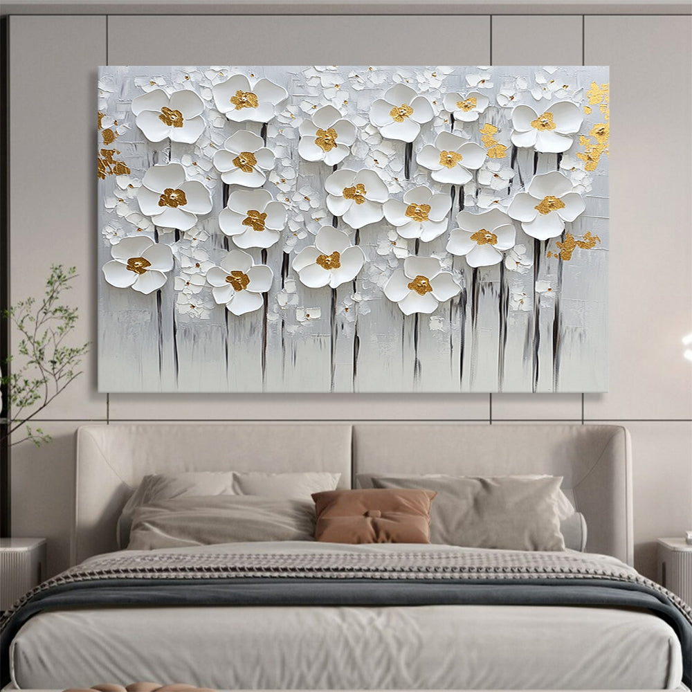 “Elegant White Flowers with Gold Centers” - White, gold, gray; 3D white flowers with gold centers on a gray - textured background; Mixed Media Painting On Canvas HB1199
