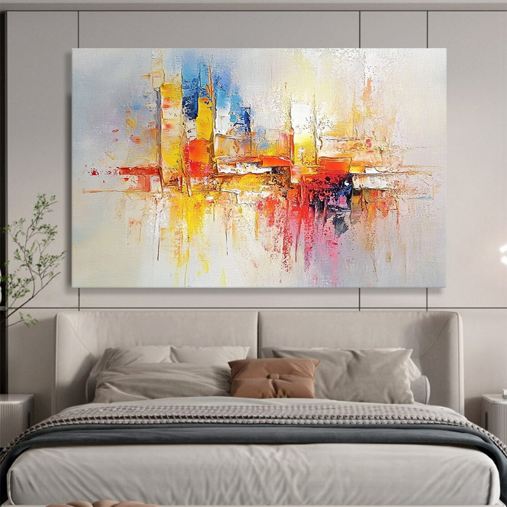 “Colorful City Reflections” - Blue, Yellow, Red, Pink, Abstract Cityscape with Reflections Painting On Canvas HB1080