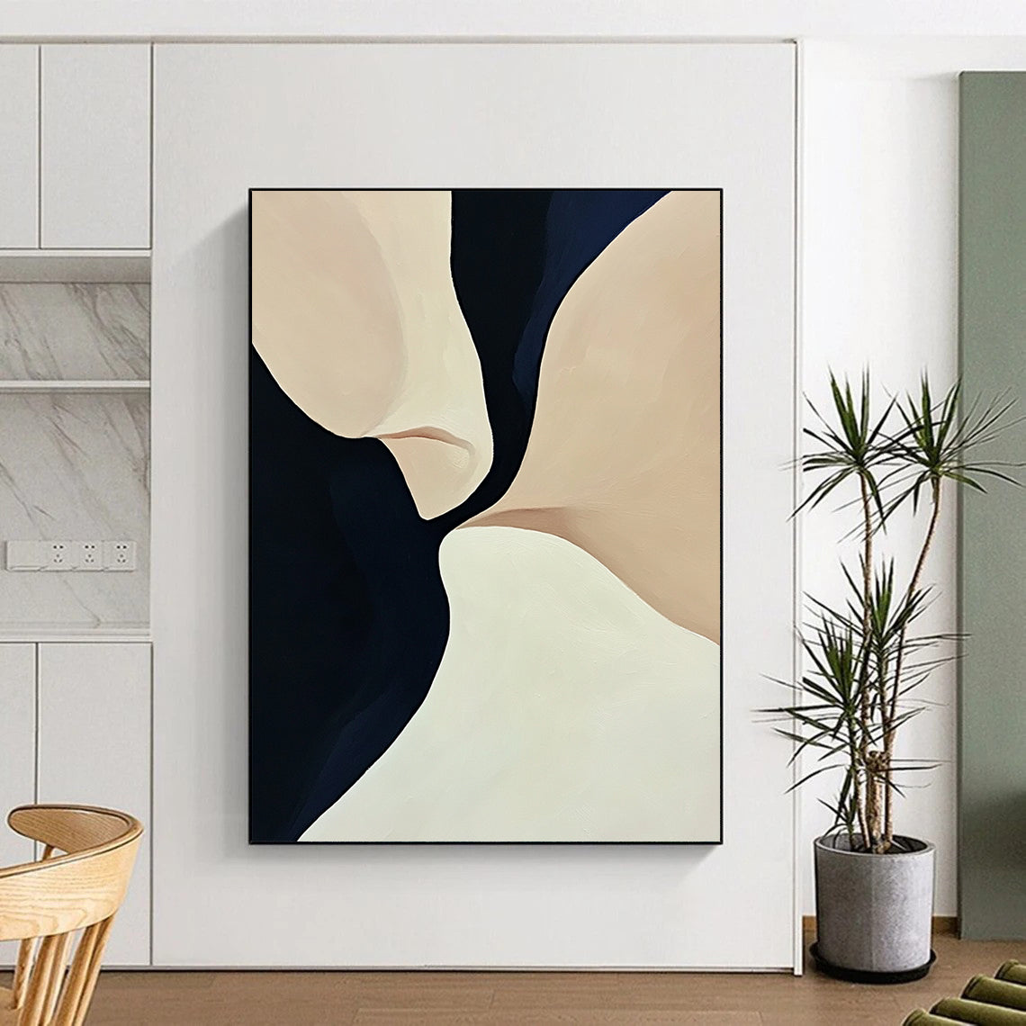 Contemporary hand-painted abstract art featuring smooth curves and flowing lines in light beige and navy blue tones with dark accents. DLZ0972