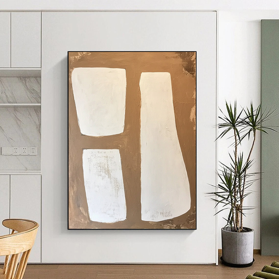 Contemporary large-scale abstract painting features soft edges with a minimalist style in brown and white tones showcasing visible brush strokes on wood panel. DLZ1749