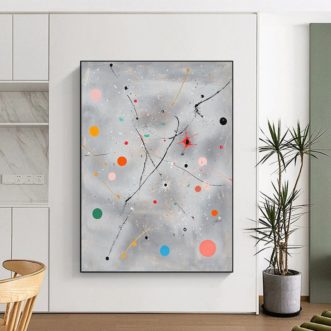 Gray, Colorful Dots, Lines "Playful Cosmos" Abstract Expressionist Painting On Canvas HB086