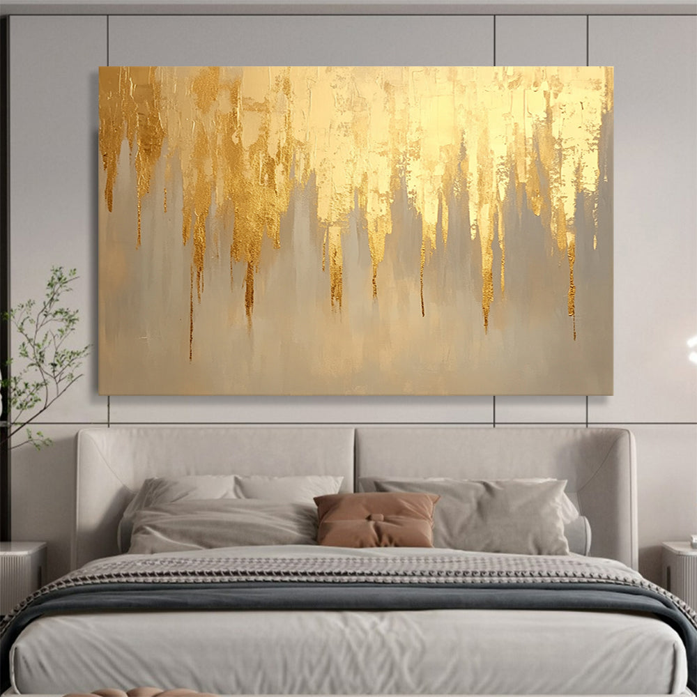 “Gold Drip Abstract” - Gold, Beige, Gray, Dripping Forms - Painting On Canvas HB1429