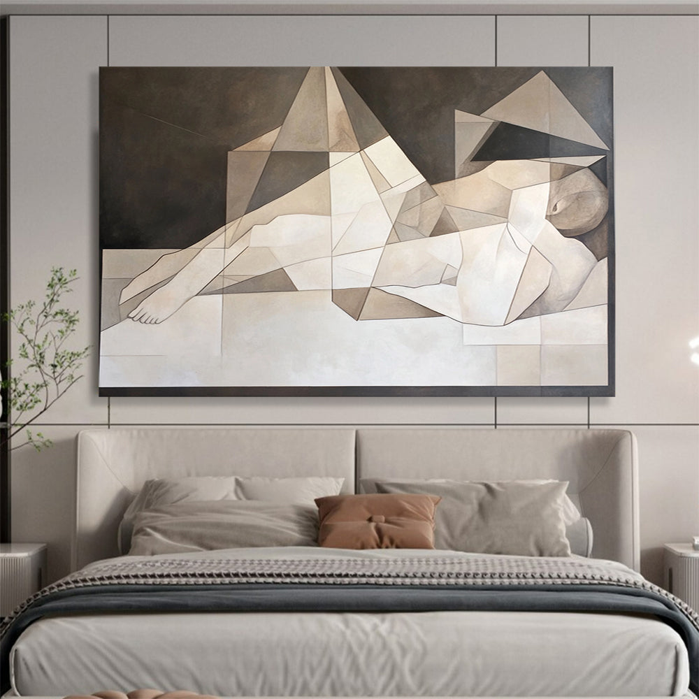 “Geometric Reclining Figure” - Neutral tones, angular shapes, Cubist - Inspired Painting On Canvas HB0570