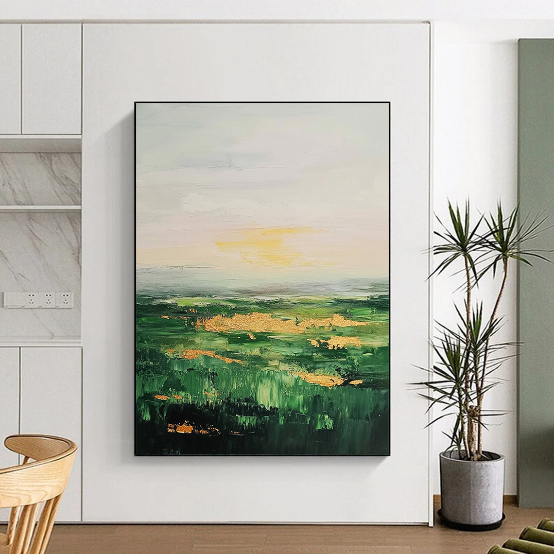 Contemporary abstract art featuring lush green fields and serene sky adorned with neutral tones and elegant gold accents. DLZ0891