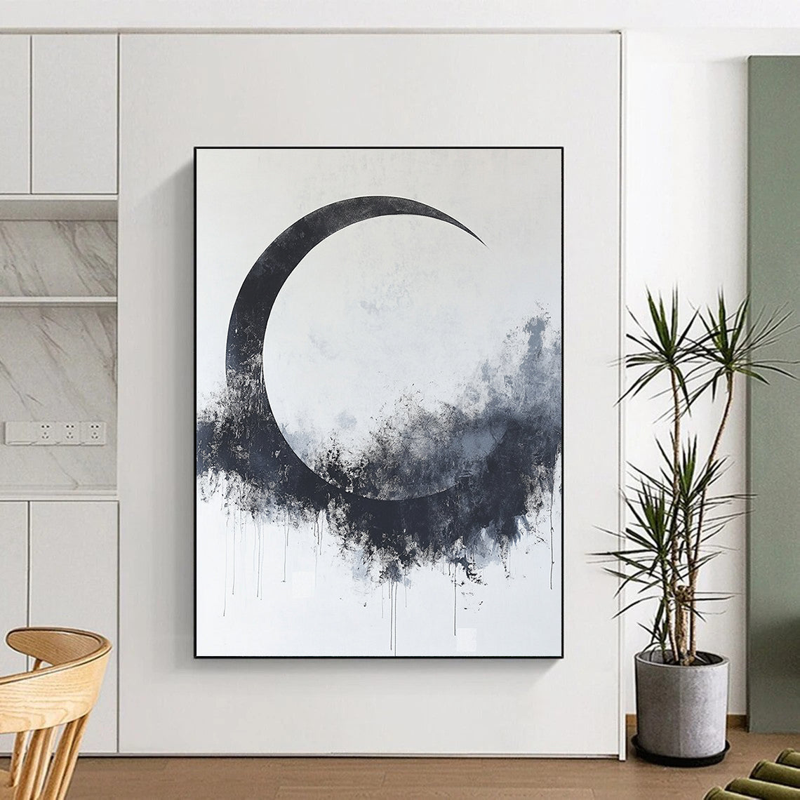 Black, White, Gray, Textured Crescent "Midnight Moon" Abstract Expressionist Painting On Canvas HB092