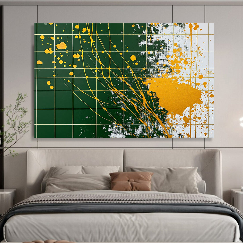 “Gold - Splatter Grid” - Green grid, yellow splatters, Abstract Painting On Canvas HB0558