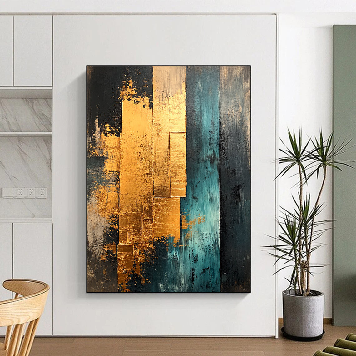 Contemporary abstract painting features gold teal and beige with gold foil edges showcasing layered architectural elements for unique texture and depth. DLZ0851