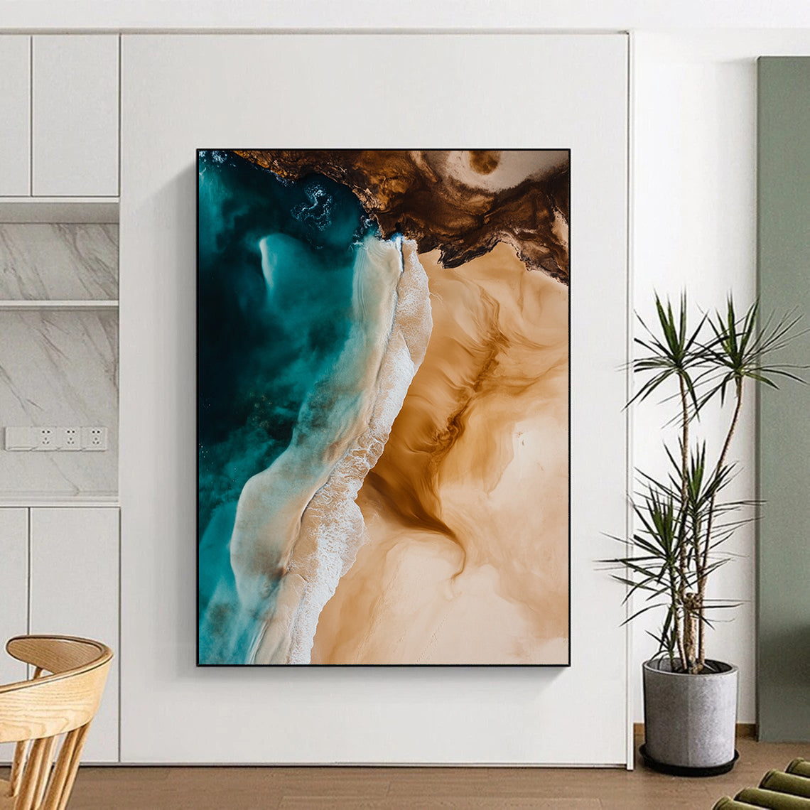 Contemporary hand-painted abstract art featuring ocean waves and sandy beaches in light brown and blue hues, capturing natural beauty and serene tones. DLZ1484