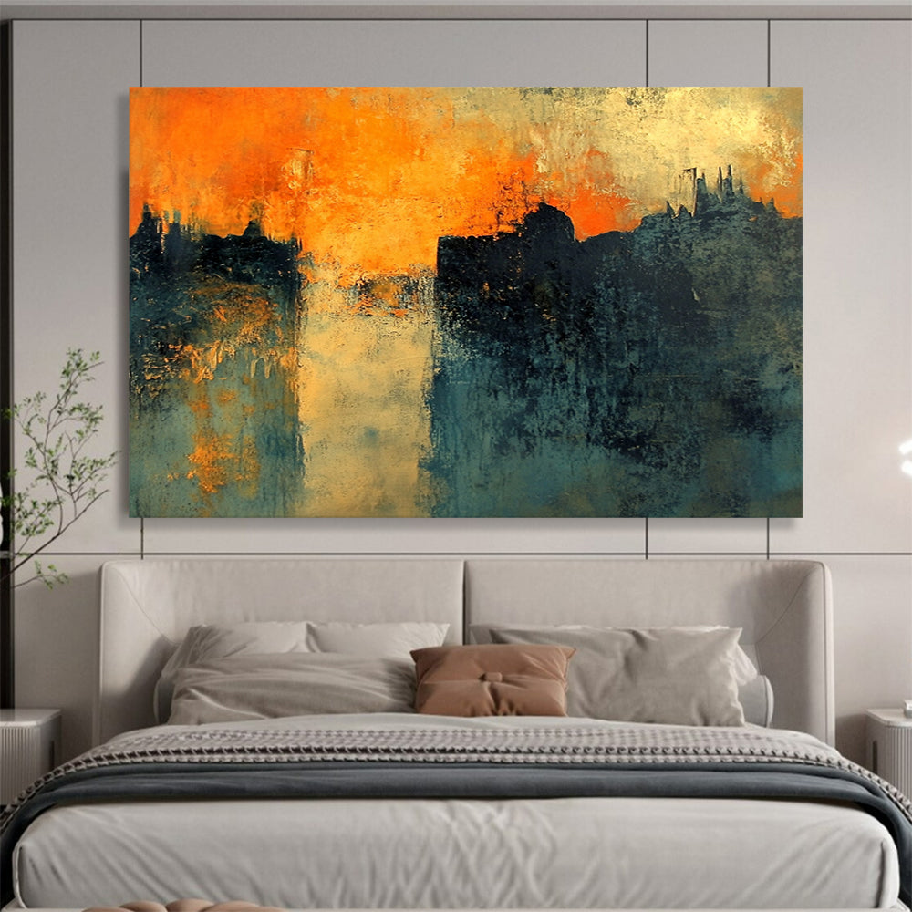 “Orange Sunset City Silhouette” - Orange, Blue, Black, Abstract Dramatic City Sunset Painting On Canvas HB1095