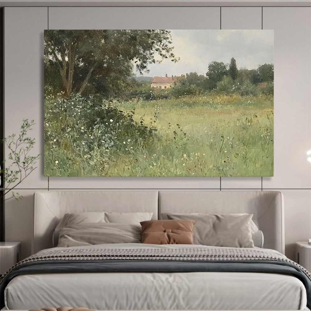 “Rural Retreat” - Greens, Browns, Whites, Countryside with House - Realist Oil Painting HB1597