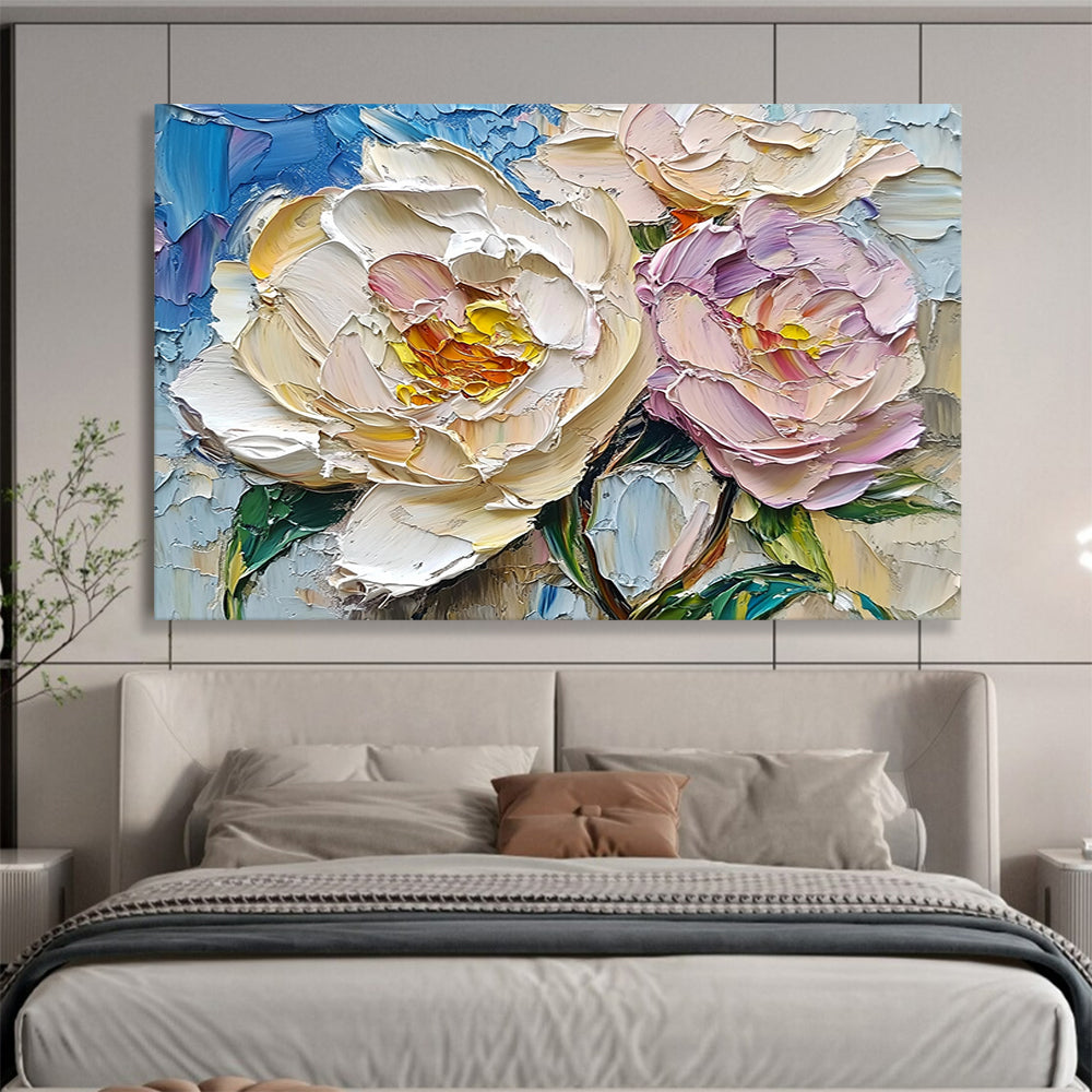 “Pastel Peony Pair” - Creamy Whites, Soft Pinks, Blues, Intricate Peony Blooms - Textured Oil Painting HB1717