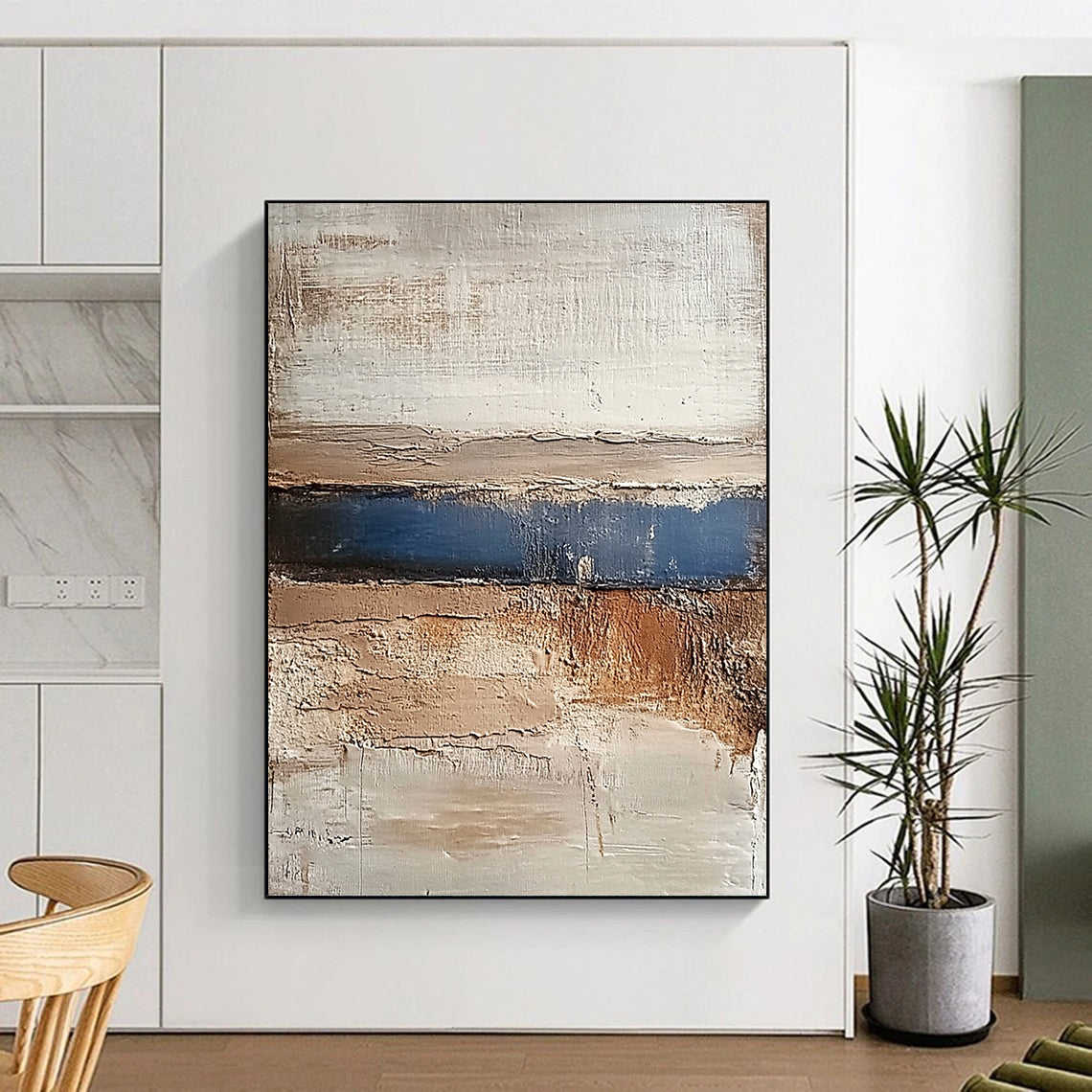 Contemporary abstract painting featuring earthy tones of beige brown grey and blue conveying calmness with a textured landscape of hills and water. DLZ1479