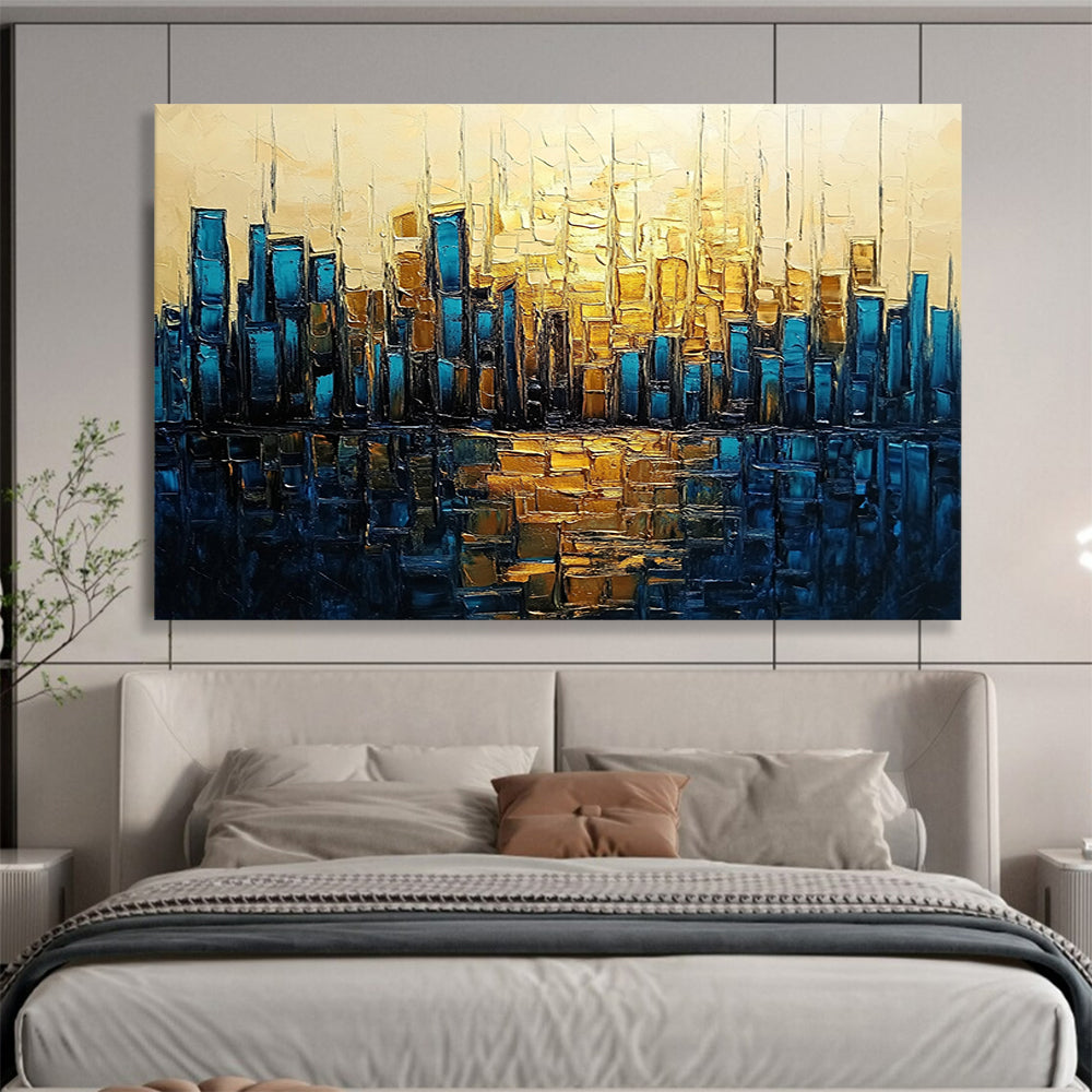 “Golden - Blue City Reflection” - Gold, Blue, Cityscape with Water Mirroring HB1136