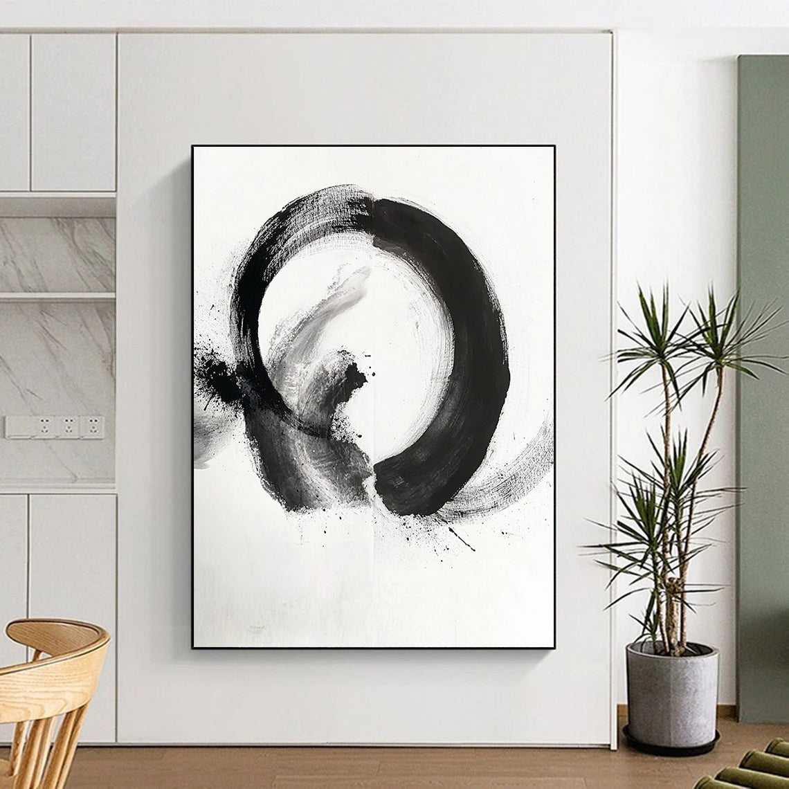 Black and White Mixed Circle "Hybrid Zen" Painting On Canvas HB279
