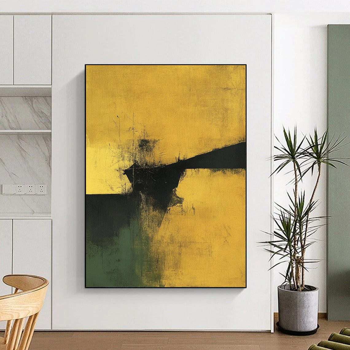 Contemporary abstract art showcasing earthy yellows and greens with touches of black and gold in a minimalist design. DLZ0915