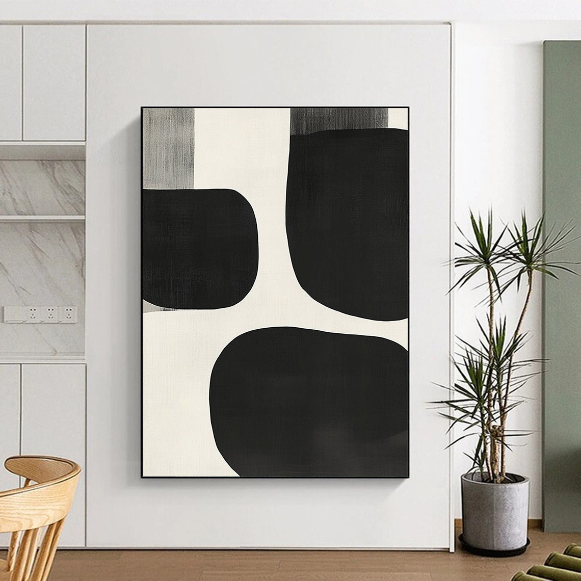 Contemporary hand-painted abstract artwork featuring black and white shapes, overlapping organic forms, soft edges, and a minimalist style inspired by mid-century modern design. DLZ1552