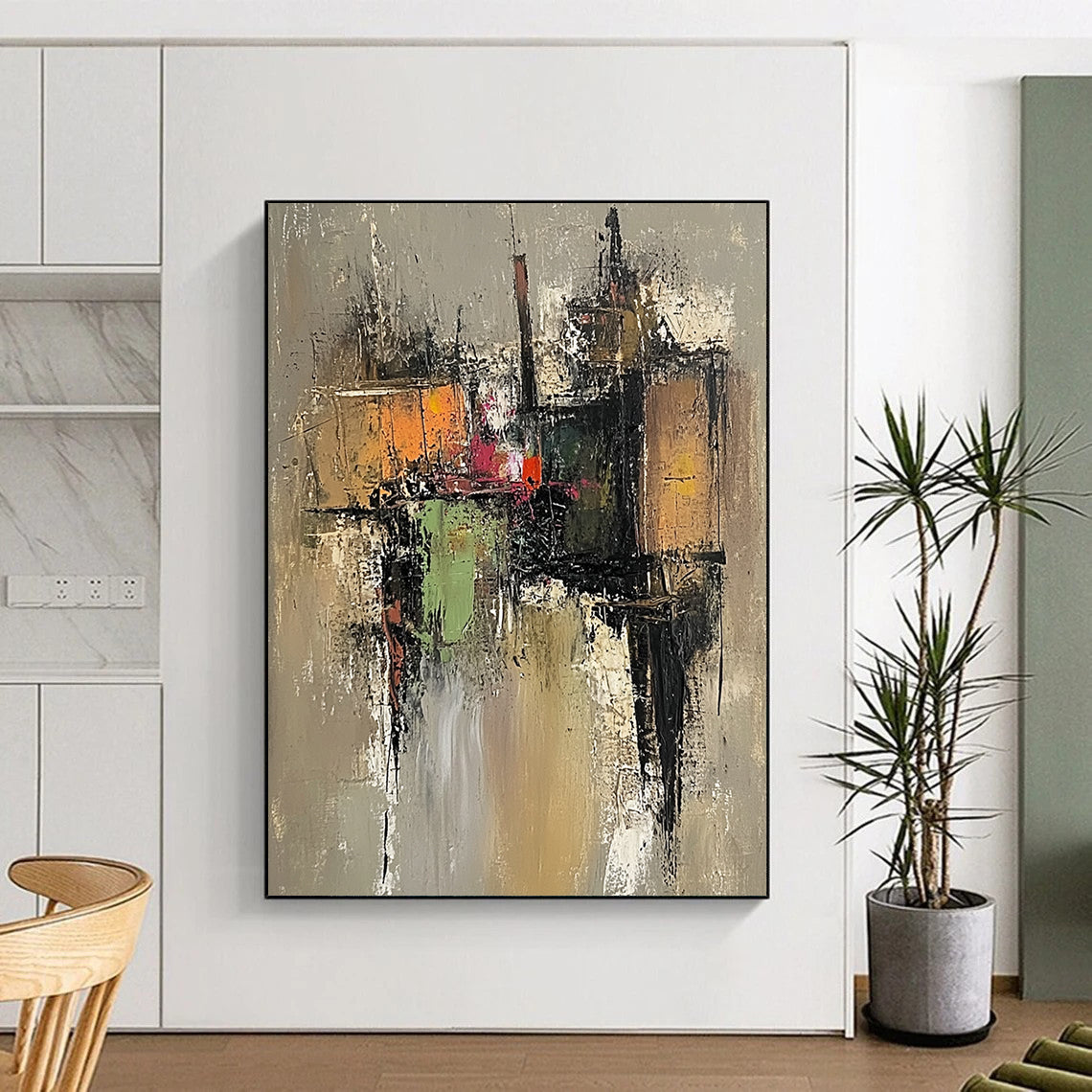 Large contemporary hand-painted abstract artwork featuring an old village with muted colors and visible brushstrokes on a grayish-brown background. DLZ0960