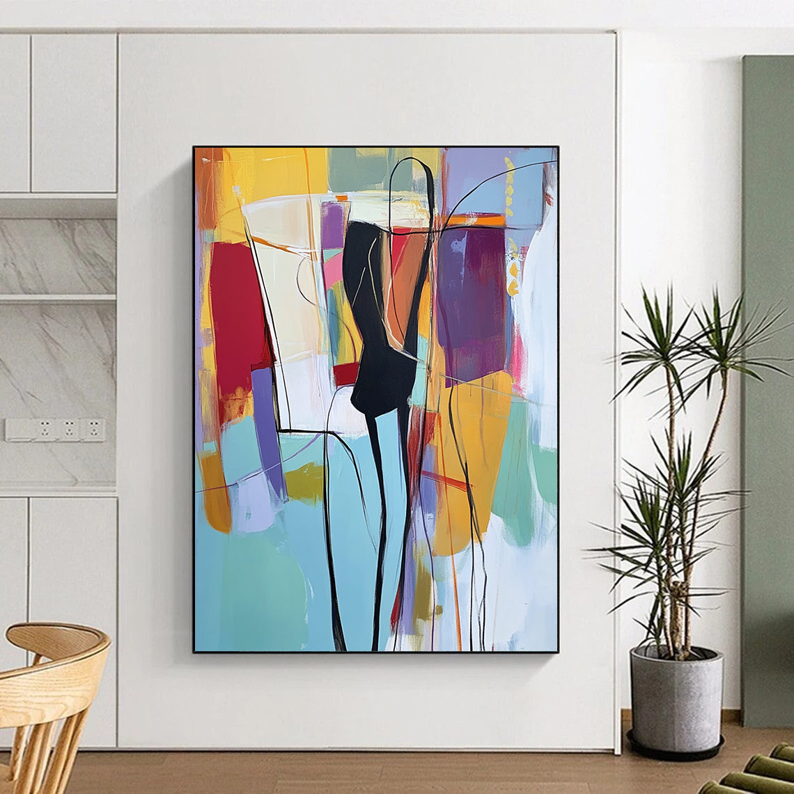 Contemporary hand-painted abstract art featuring light blue hues with vibrant reds yellows greens and purples depicting a figure in a black suit. DLZ0996