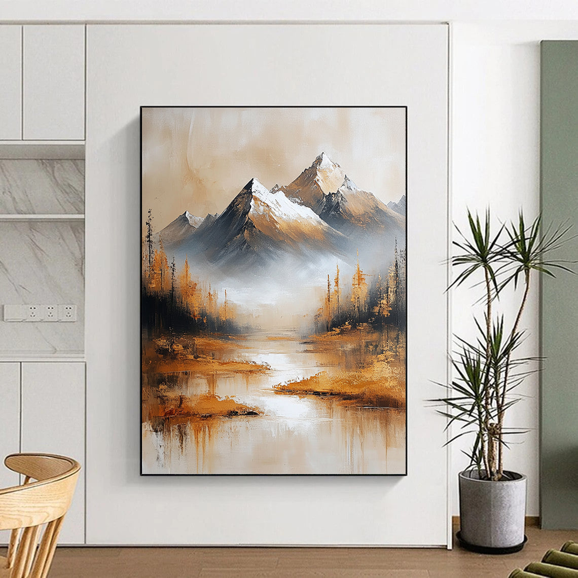 Contemporary abstract oil painting features golden mountains with a snow-capped background in a minimalist beige and gold color scheme. DLZ0481