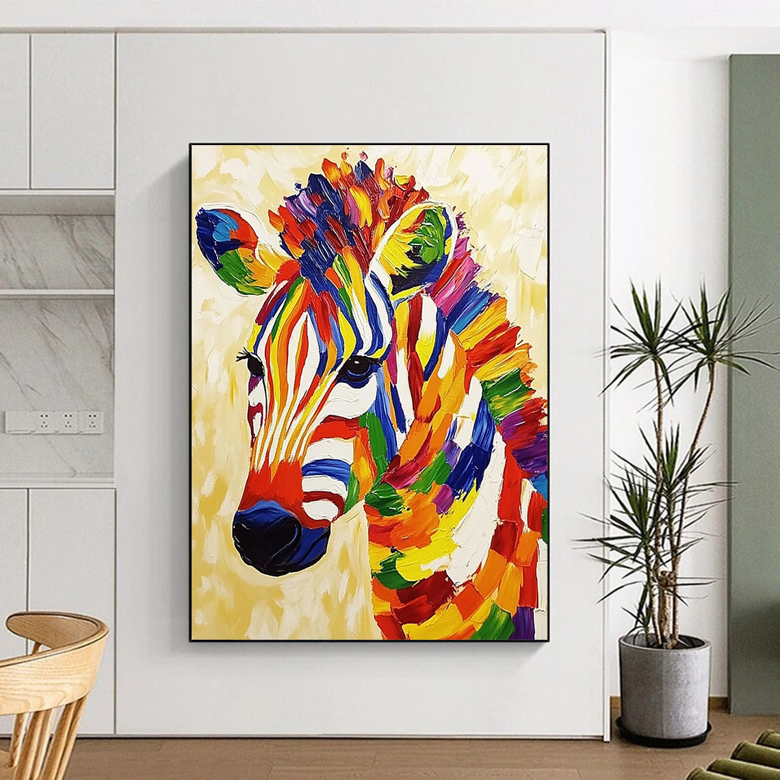 Vibrant contemporary abstract painting featuring a textured zebra on a beige background radiating cheerful energy and bold colors. DLZ1401