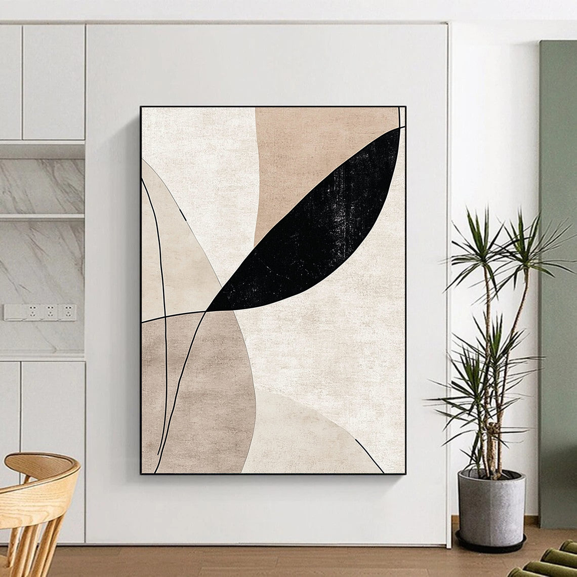 Contemporary handcrafted abstract art featuring elegant lines and curves in beige tones with striking black accents, perfect for sophisticated decor. DLZ0797