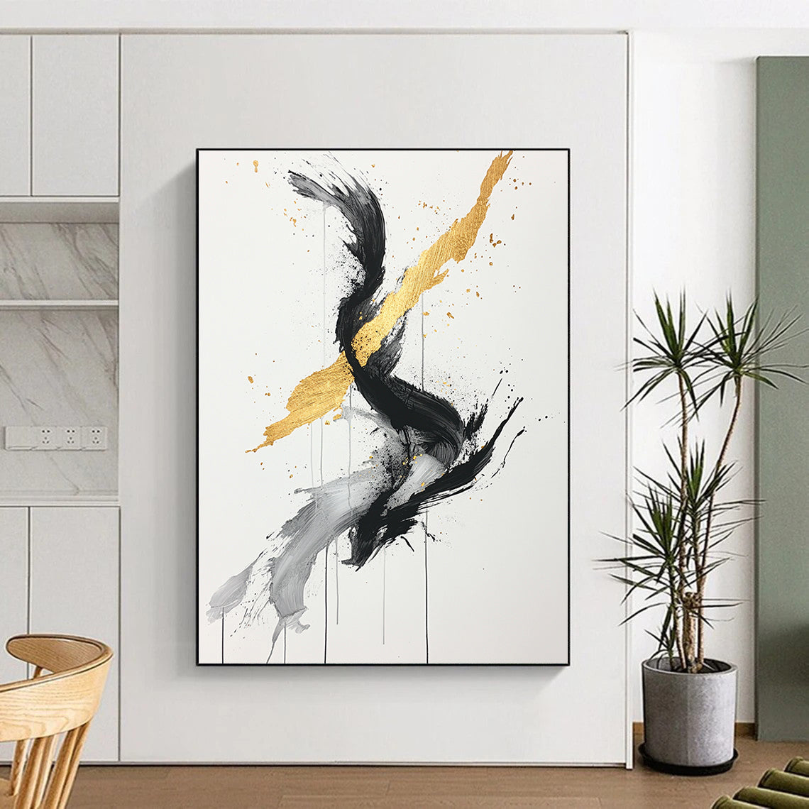 Black, White, Gold, Gray, Twisted Swirls "Gilded Twist" Abstract Expressionist Painting On Canvas HB097