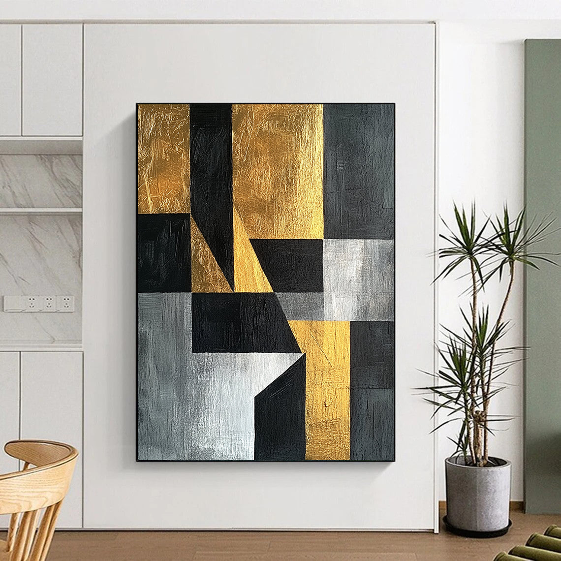 Black, Gray, Silver and Gold Geometric Abstraction "Elegant Geometry" Painting On Canvas HB372