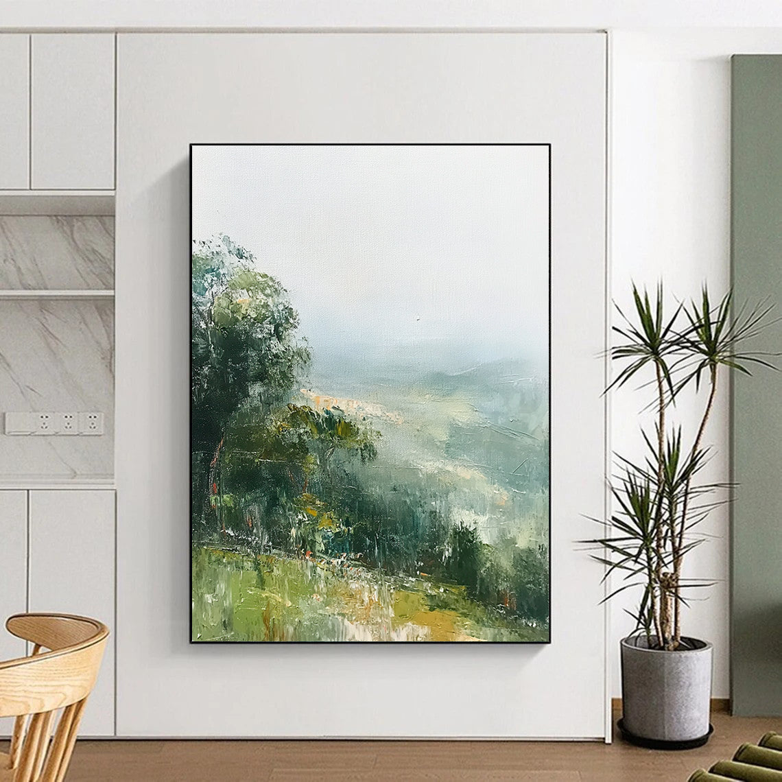 Contemporary abstract painting featuring tranquil green hills and soft mist in muted tones inspired by Richard Schmid artistry. DLZ0485
