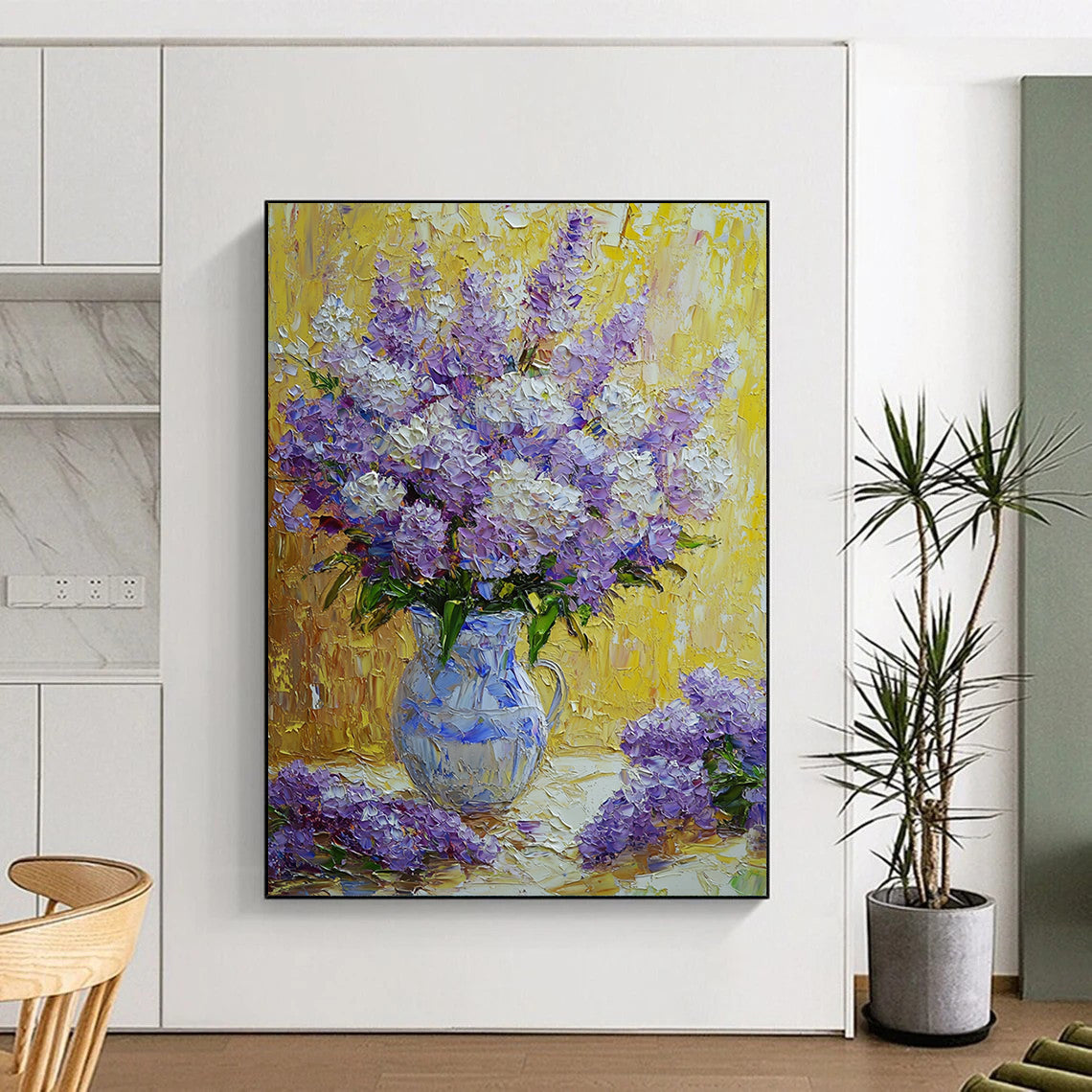 Contemporary hand-painted abstract art featuring vibrant purple and white flowers in a rich impressionist style with soft textured petals and a beautiful yellow background. DLZ1288