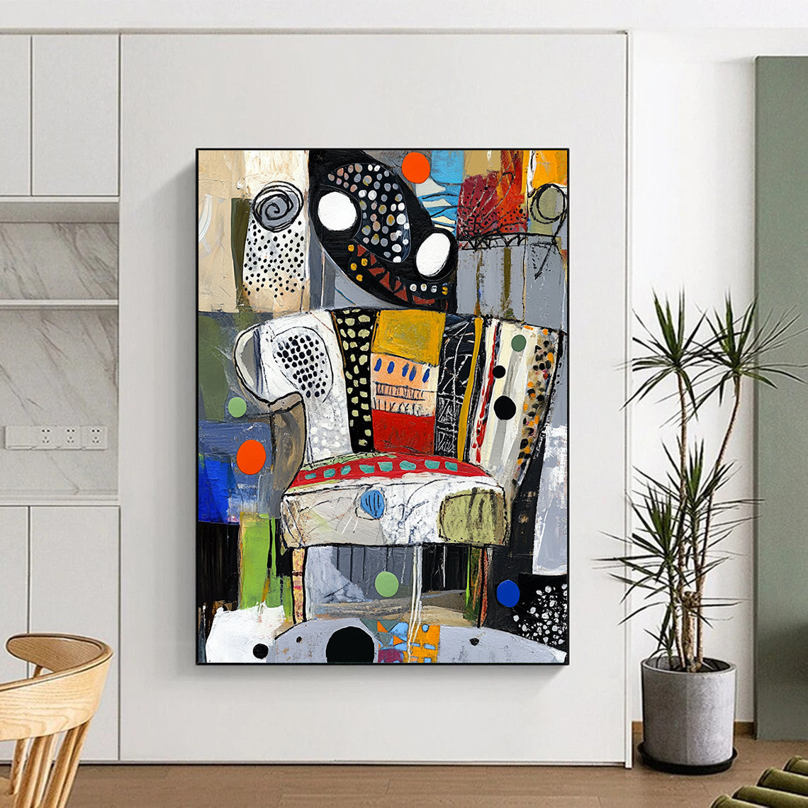 Contemporary abstract painting showcasing vibrant colors and dynamic textures evoking a stylized chair through circles and swirls. DLZ1367