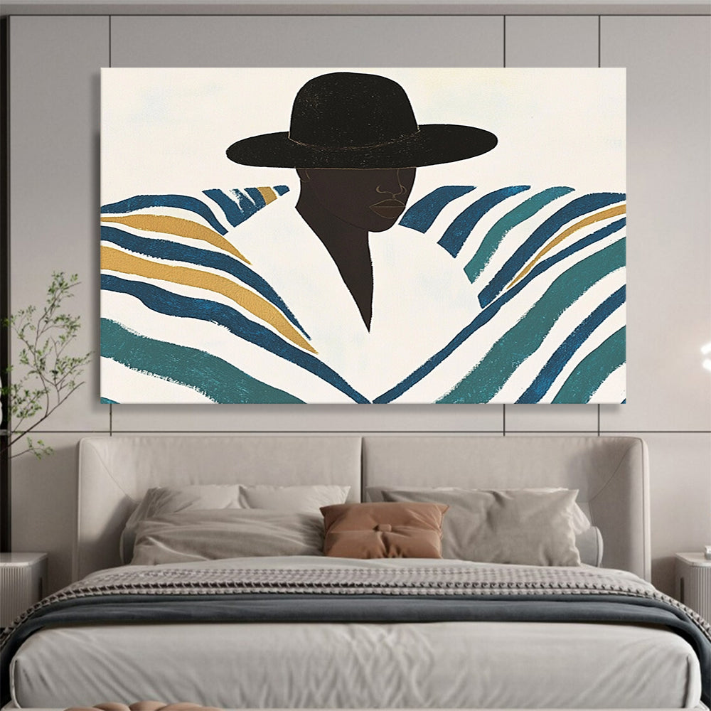 “Stylish Striped Silhouette” - Blacks, Whites, Blues, Golds, Fashion Figure - Flat - Style Illustration HB1560