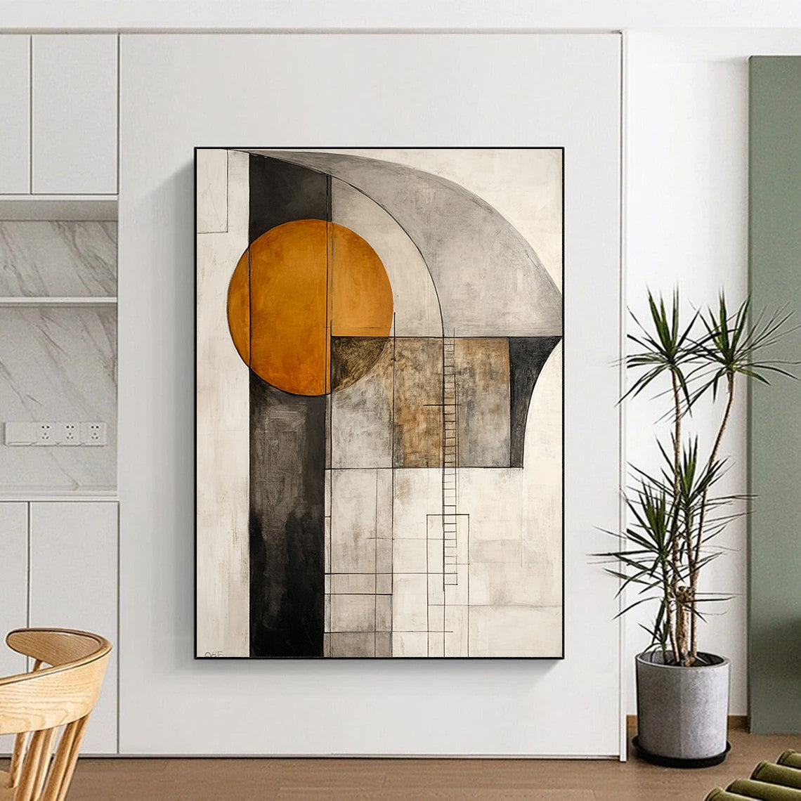 Contemporary abstract artwork featuring an orange circle and gray shapes with a large dark brown arch and a delicate ladder line drawing on a white background. DLZ1016