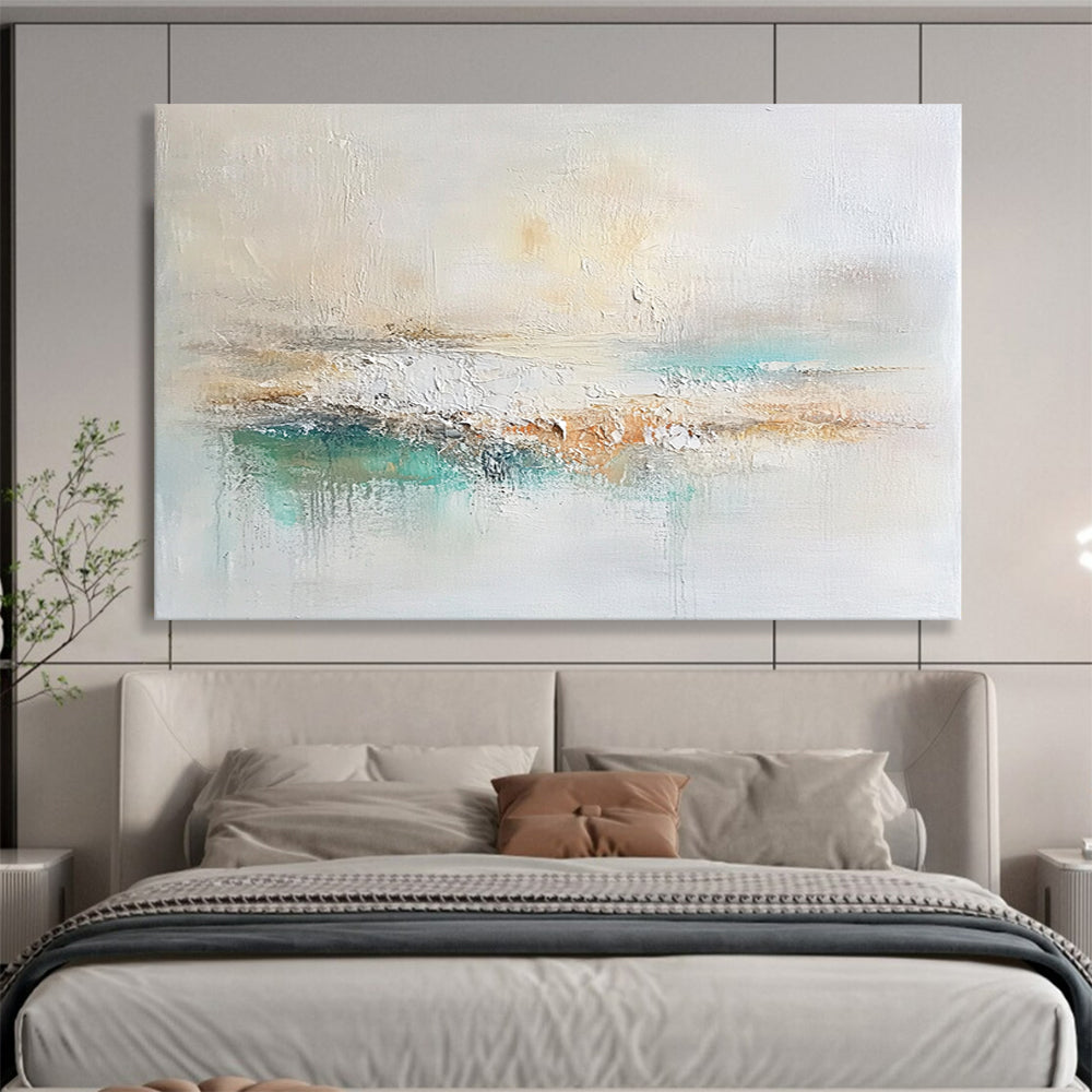 “Soft Neutral Abstract Landscape” - Beige, White, Teal, Gentle Textured Painting On Canvas HB1004