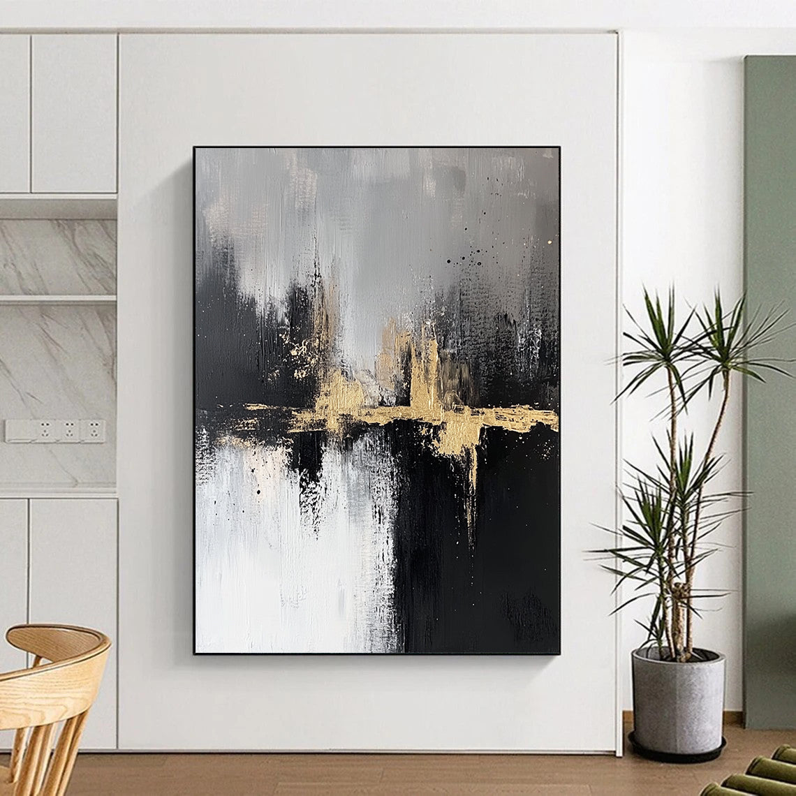 Contemporary abstract artwork featuring textured black and white brush strokes with gold accents capturing a serene cityscape atmosphere in neutral tones. DLZ0317