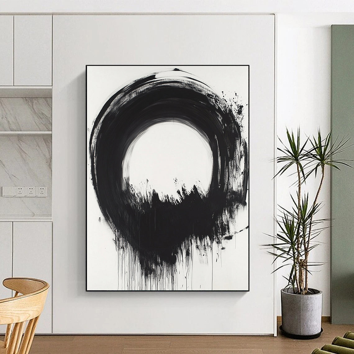 Black Circular Brushstroke with Dripping Paint - “Melting Enso” Painting On Canvas HB247