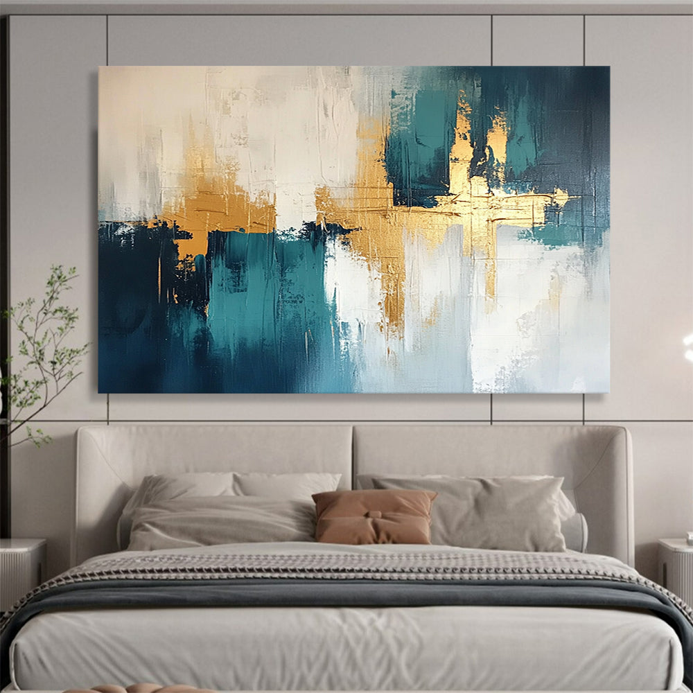 “Teal and Gold Geometric Abstract” - Teal, white, gray, gold; Geometric abstract with gold crosses; Acrylic Painting On Canvas HB1247