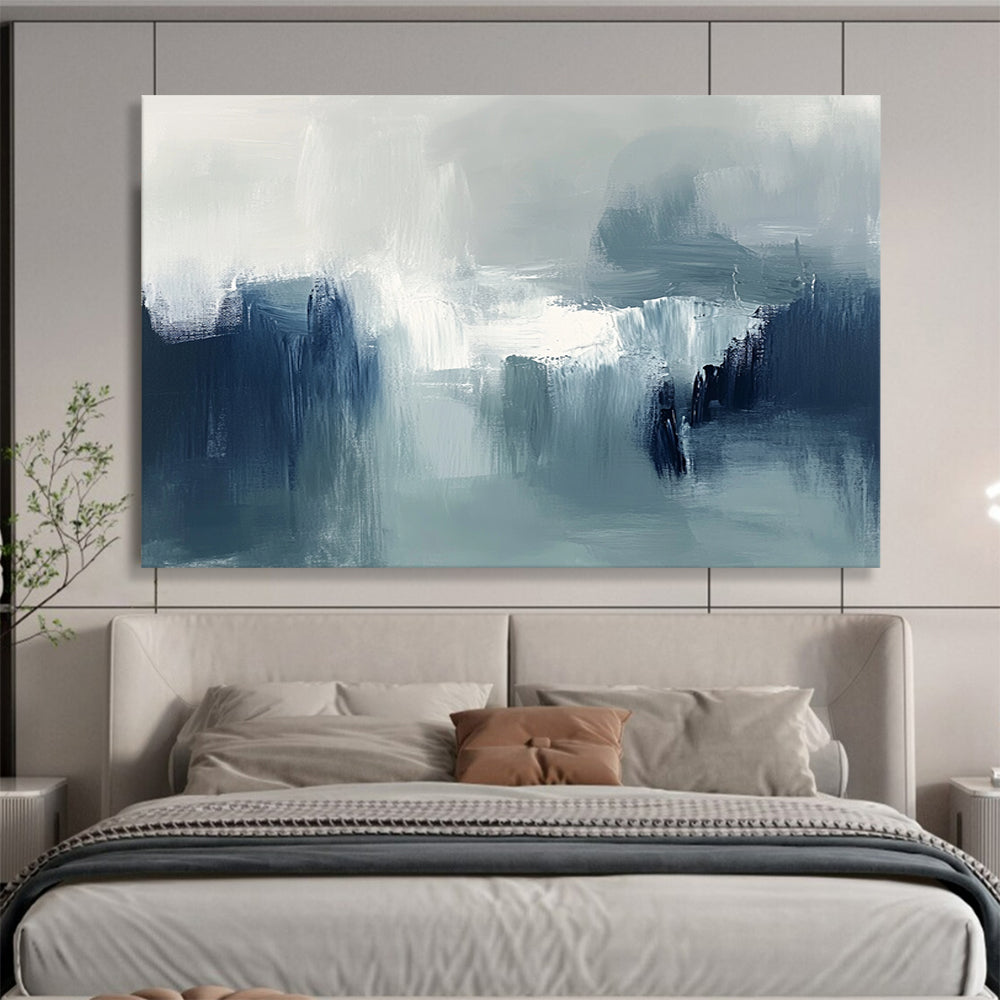 “Muted Tonal Abstract Landscape” - Shades of gray, blue, white; Abstract landscape with soft brushstrokes; Oil Painting On Canvas HB1237