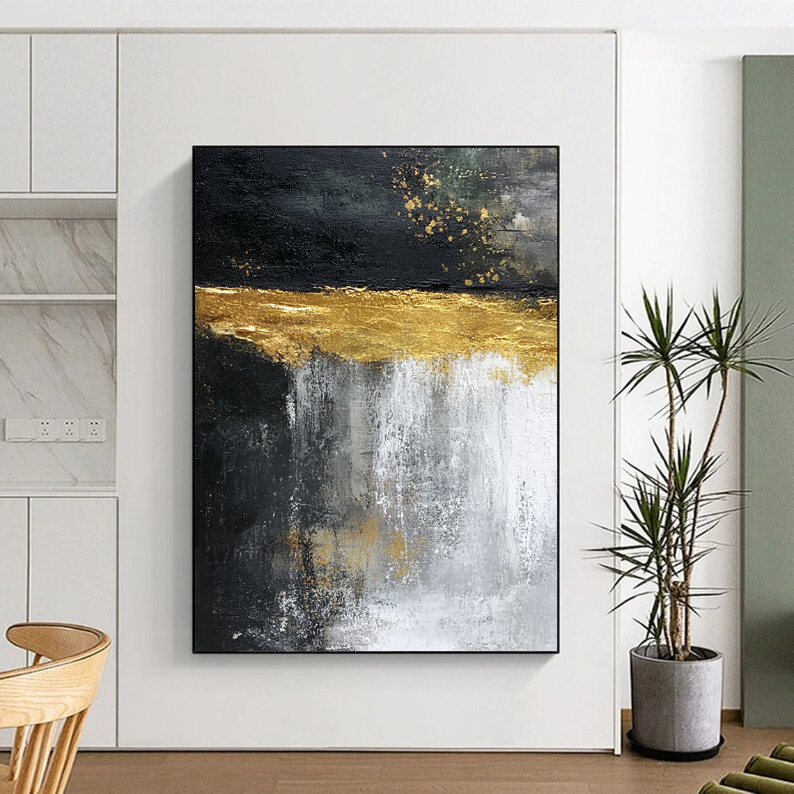 Contemporary hand-painted abstract artwork featuring cascading water, vibrant light yellow glaze, and dark rock contrasts, evoking natural beauty in dynamic movement. DLZ1208