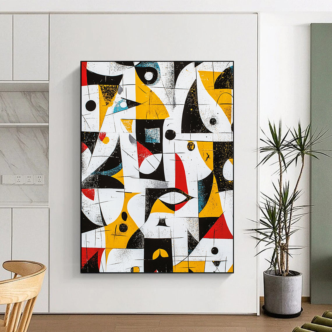 Black, White, Yellow, Red and Blue Geometric Mosaic "Colorful Labyrinth" Painting On Canvas HB325