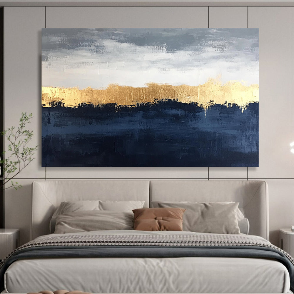 “Gold Horizon Over Blue - Gray Landscape” - Gold, Blue, Gray, Horizon Line Painting On Canvas HB0817