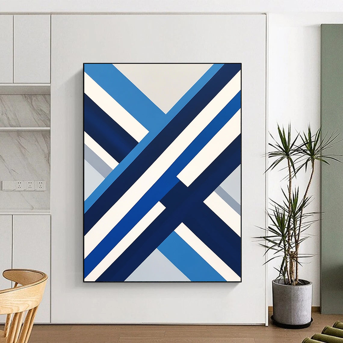 Contemporary abstract art featuring a blue and white Swedish flag in a flat view, inspired by David Hockney's style. DLZ1152