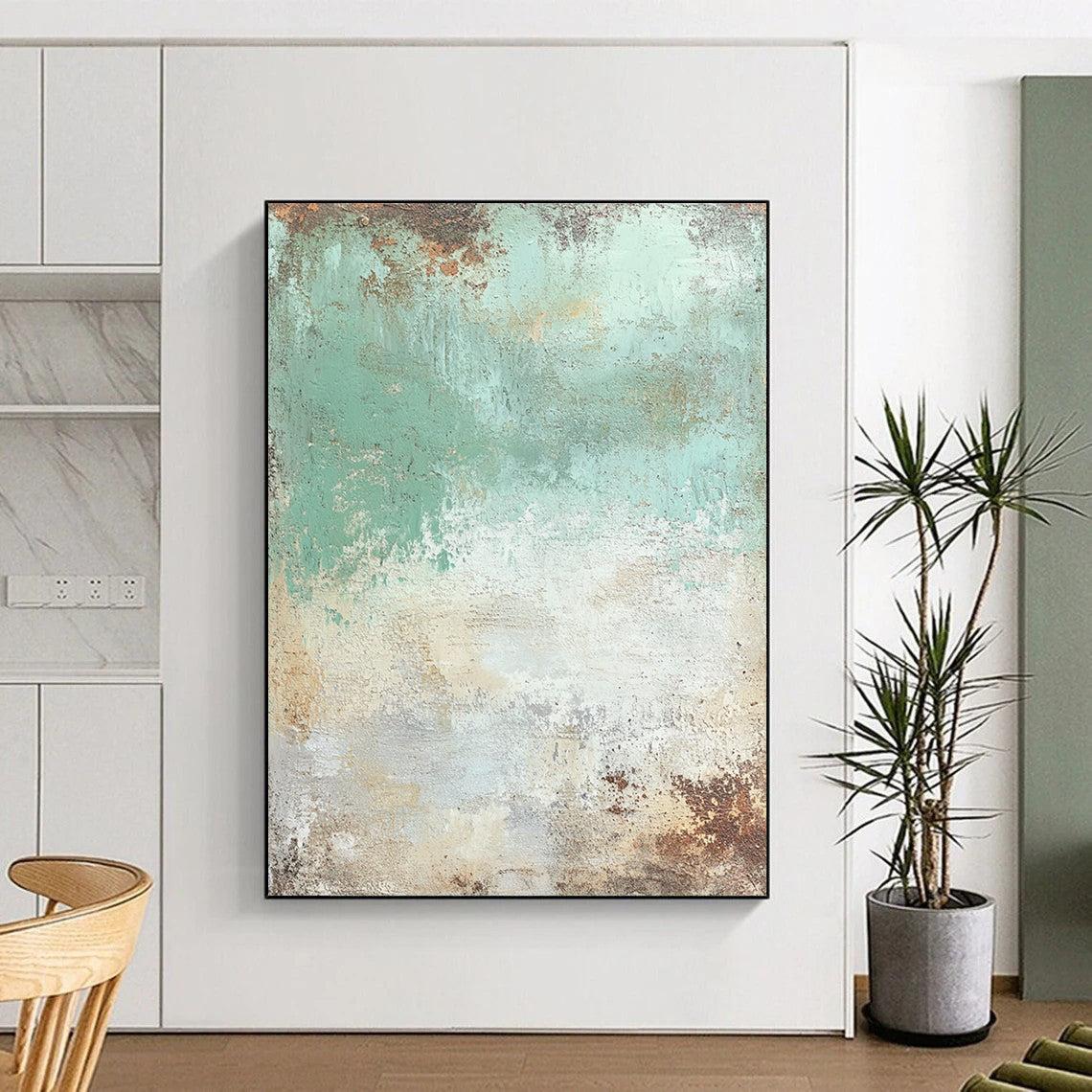 Contemporary abstract painting featuring seafoam green and cream textures with brown and rust accents, mixed media, artistically distressed details. DLZ0659