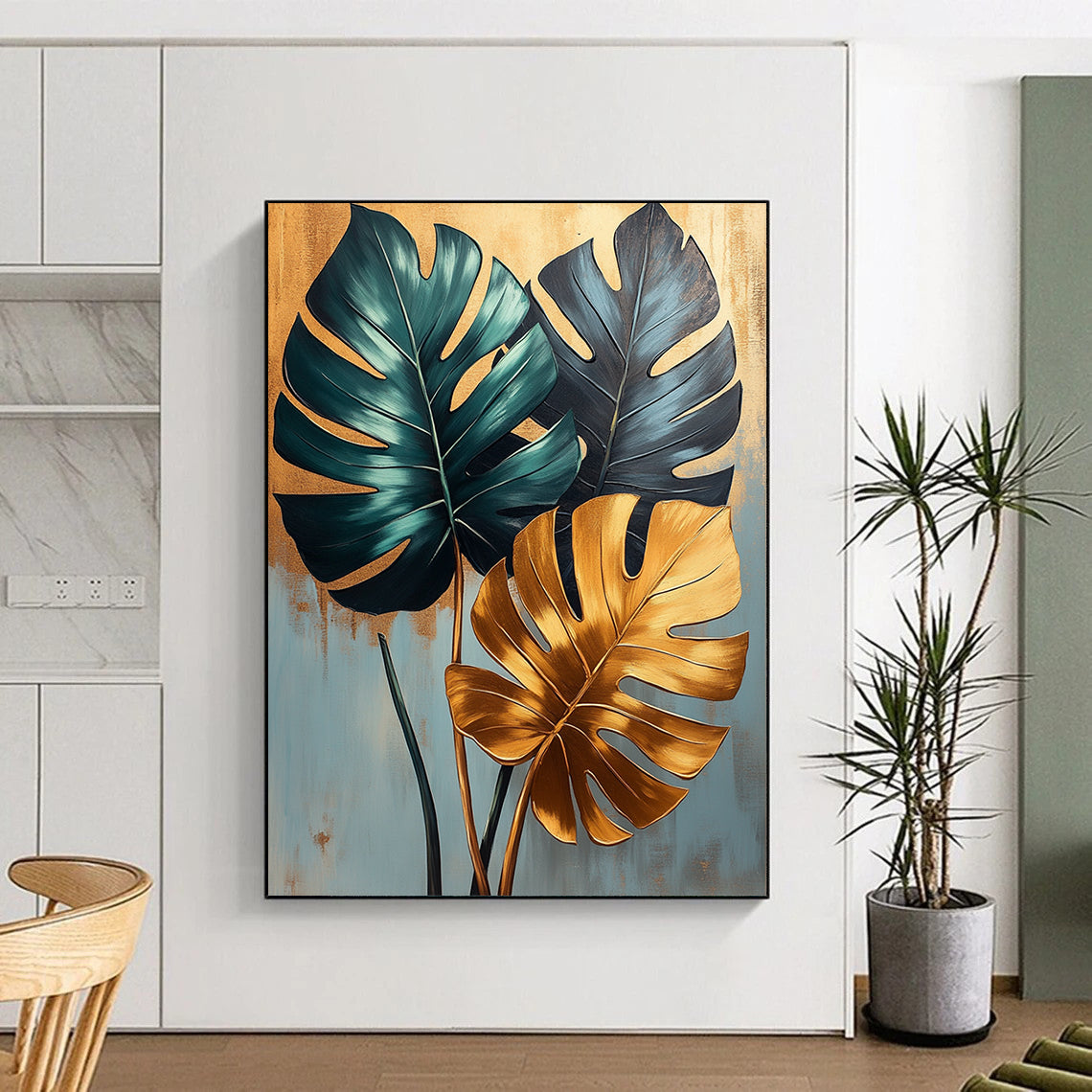 Contemporary abstract painting featuring lush monstera leaves in green and gold on a soothing light blue backdrop with elegant gold accents. DLZ1680