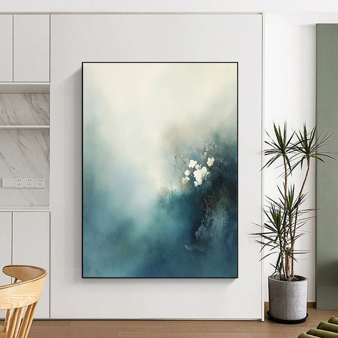 Contemporary hand-painted abstract art features misty clouds and delicate white flowers in blue-green tones, evoking mystery and tranquility with soft textures. DLZ0558